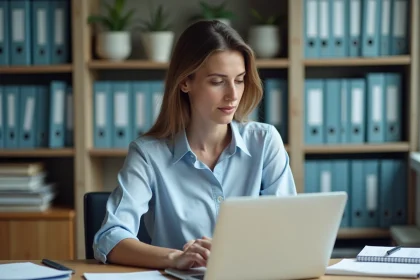 Femme d'âge moyen au bureau universitaire en blouse professionnelle
