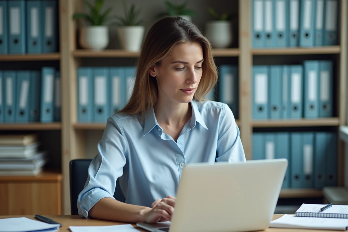 Femme d'âge moyen au bureau universitaire en blouse professionnelle