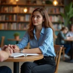 Femme discutant dans un café avec un livre de français
