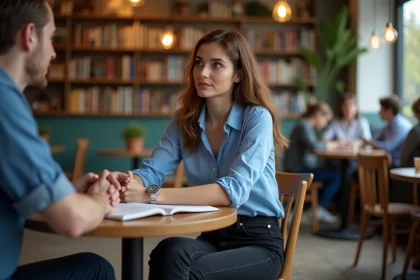 Femme discutant dans un café avec un livre de français