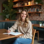Femme prenant des notes dans un café français