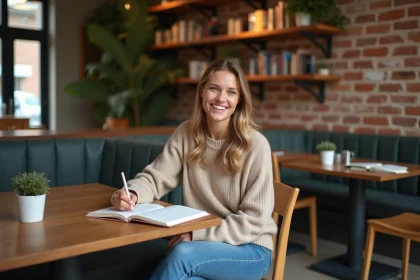 Femme prenant des notes dans un café français