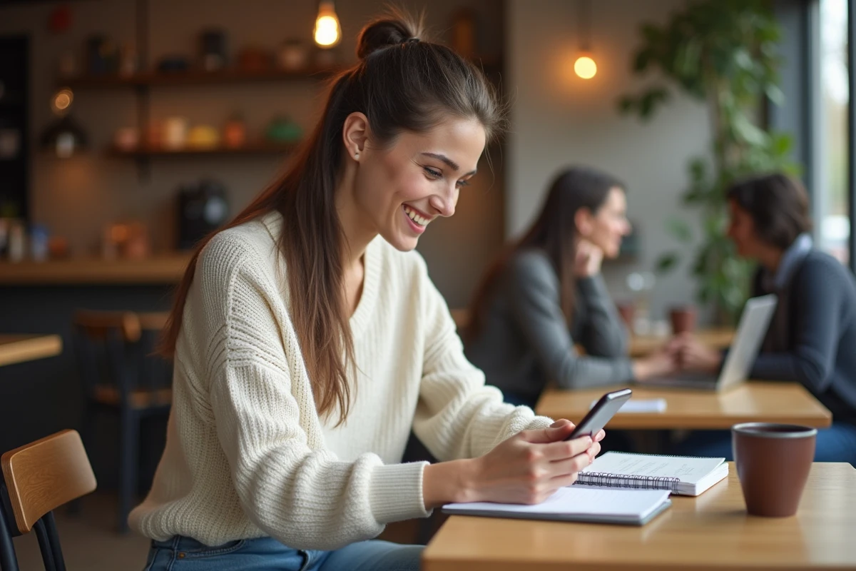 Jeune femme au café utilisant son smartphone avec un sourire