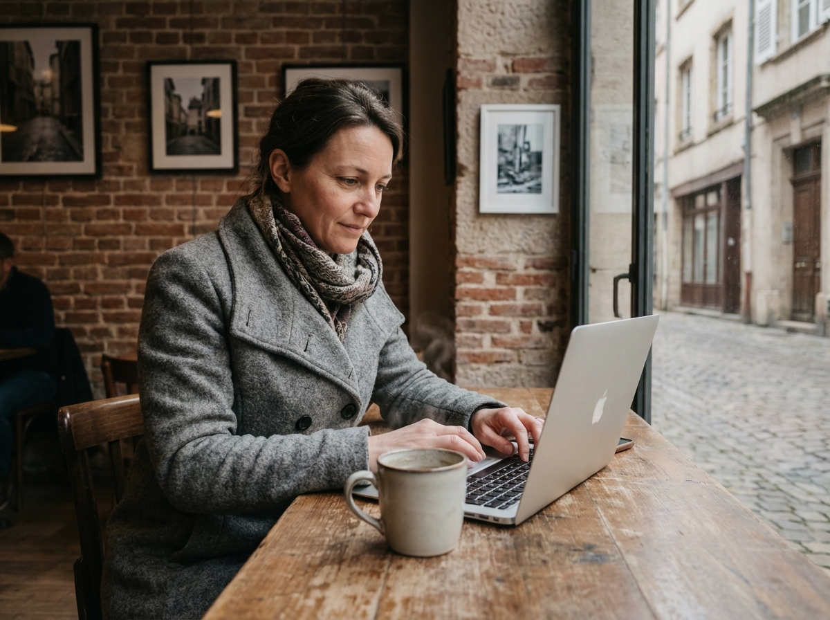 Femme travaillant sur son ordinateur dans un café à Villefranche