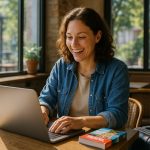 Femme heureuse travaillant sur un ordinateur dans un café cosy