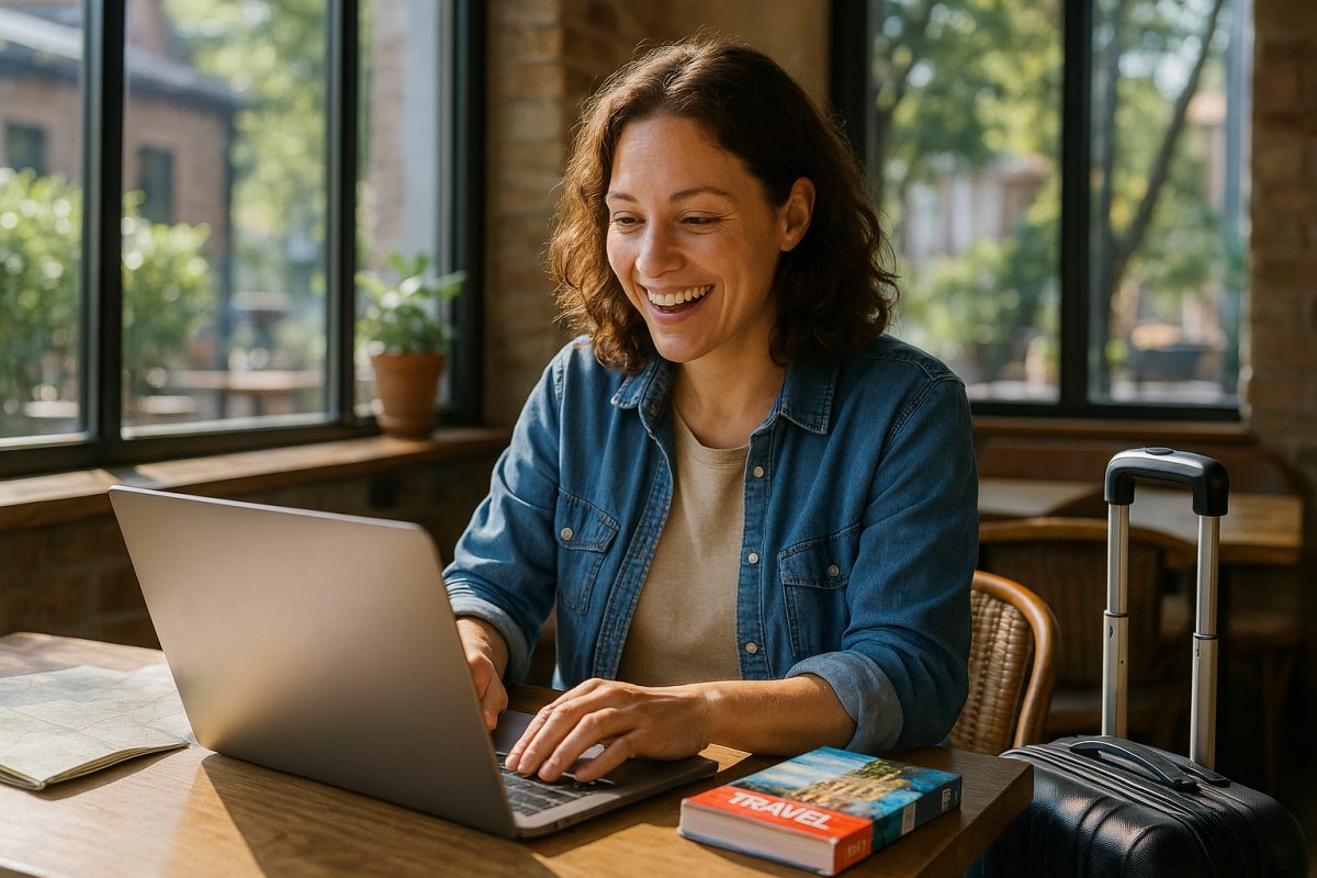 Femme heureuse travaillant sur un ordinateur dans un café cosy