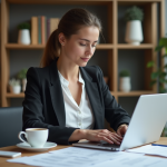 Femme en tenue professionnelle calcule ses points CPD