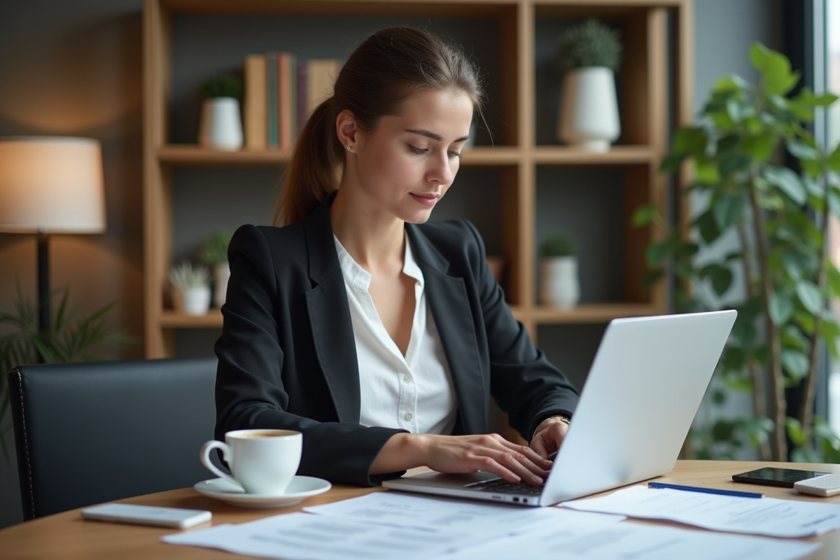 Femme en tenue professionnelle calcule ses points CPD