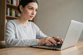 Femme tapant sur un clavier d'ordinateur portable pour écrire la lettre ñ en espagnol