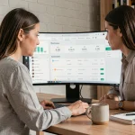 Femme configurant un logiciel d'emailing sur un écran d'ordinateur dans un bureau moderne pour optimiser un tunnel de vente