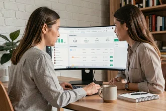 Femme configurant un logiciel d'emailing sur un écran d'ordinateur dans un bureau moderne pour optimiser un tunnel de vente
