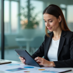 Femme d'affaires concentrée analysant des graphiques marketing