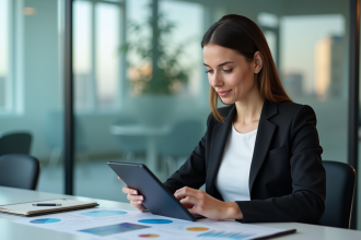 Femme d'affaires concentrée analysant des graphiques marketing