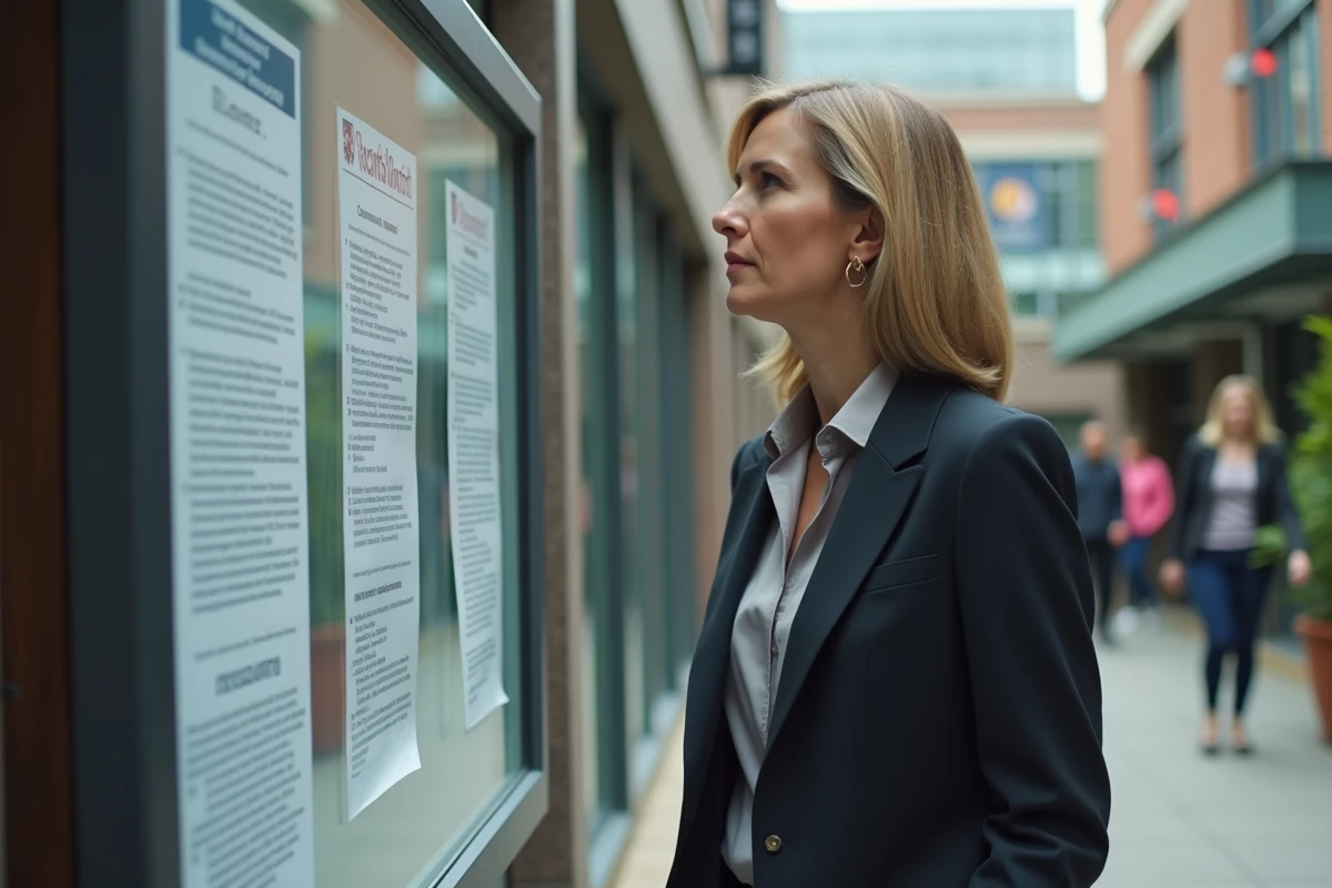 Femme en extérieur regardant panneau de formation