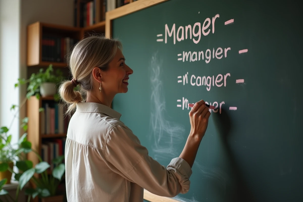 Femme française enseignant la conjugaison au tableau