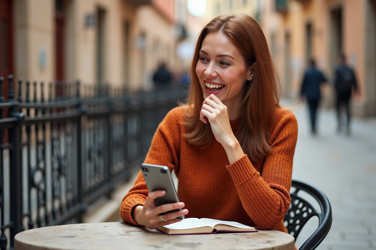 Femme pratiquant les verbes avoir en espagnol sur smartphone dans une plaza urbaine ensoleillée