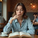 Jeune femme étudiant les verbes espagnols avoir dans un café avec un livre de grammaire ouvert