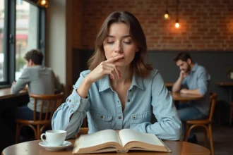 Jeune femme étudiant les verbes espagnols avoir dans un café avec un livre de grammaire ouvert
