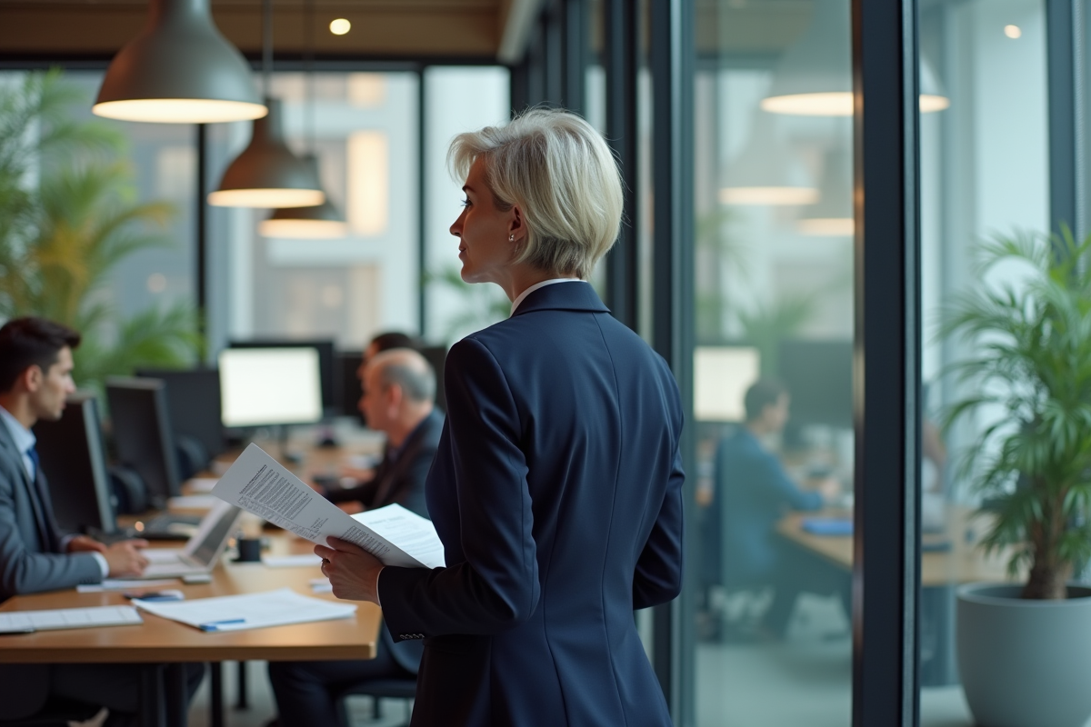 Femme dirigeante regardant des documents stratégiques