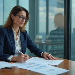 Femme confiante en costume bleu examinant un rapport financier
