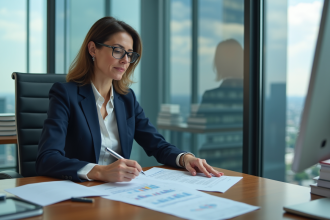 Femme confiante en costume bleu examinant un rapport financier