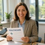 Femme fonctionnaire souriante tenant des documents de santé dans son bureau lumineux
