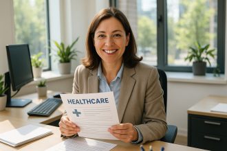 Femme fonctionnaire souriante tenant des documents de santé dans son bureau lumineux