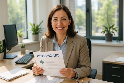 Femme fonctionnaire souriante tenant des documents de santé dans son bureau lumineux