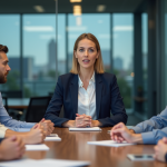 Femme professionnelle en réunion de stratégie en bureau moderne