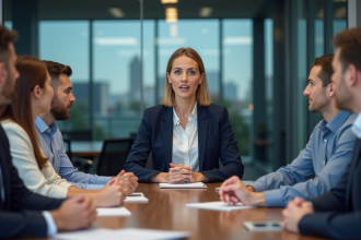 Femme professionnelle en réunion de stratégie en bureau moderne