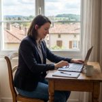 Femme en blazer dans un bureau lumineux et moderne