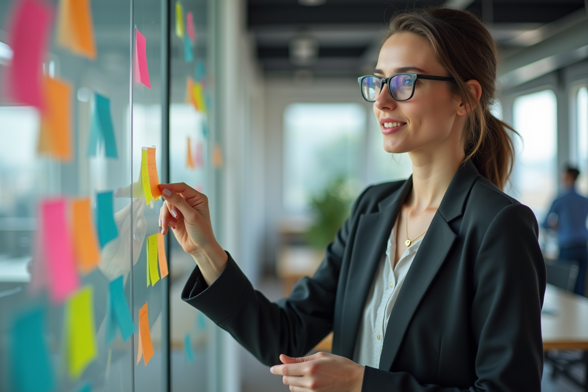 Jeune femme expliquant ses idées avec des notes colorées
