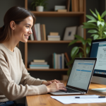 Jeune femme installant un logiciel de comptabilite sur son ordinateur