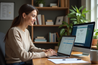 Jeune femme installant un logiciel de comptabilite sur son ordinateur