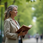 Femme méditative dans un parc lisant un livre sur les droits naturels