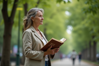 Femme méditative dans un parc lisant un livre sur les droits naturels