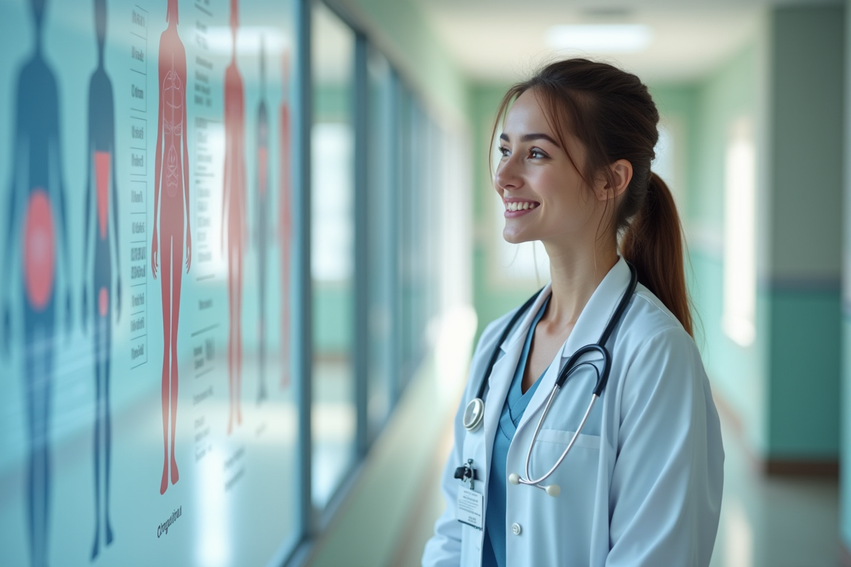 Étudiante en médecine souriante dans un couloir d