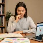 Jeune femme concentrée prenant des notes et utilisant une méthode de mémorisation rapide à son bureau à domicile