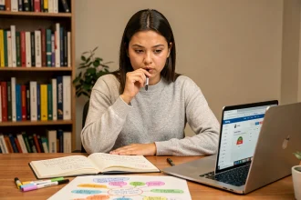 Jeune femme concentrée prenant des notes et utilisant une méthode de mémorisation rapide à son bureau à domicile