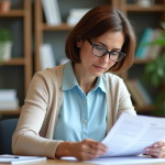Femme attentive examinant un document dans un bureau organisé