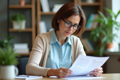 Femme attentive examinant un document dans un bureau organisé