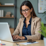 Femme d affaires concentrée devant son ordinateur au bureau
