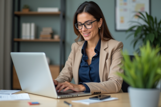 Femme d affaires concentrée devant son ordinateur au bureau