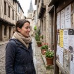 Femme dans la rue de Figeac regardant une affiche d'emplois