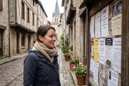 Femme dans la rue de Figeac regardant une affiche d'emplois