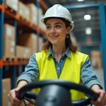 Femme en reconversion professionnelle conduisant un chariot élévateur CACES 1 dans un entrepôt logistique moderne