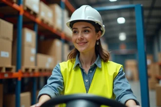 Femme en reconversion professionnelle conduisant un chariot élévateur CACES 1 dans un entrepôt logistique moderne