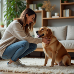 Femme souriante caressant un retriever dans un salon chaleureux