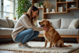 Femme souriante caressant un retriever dans un salon chaleureux