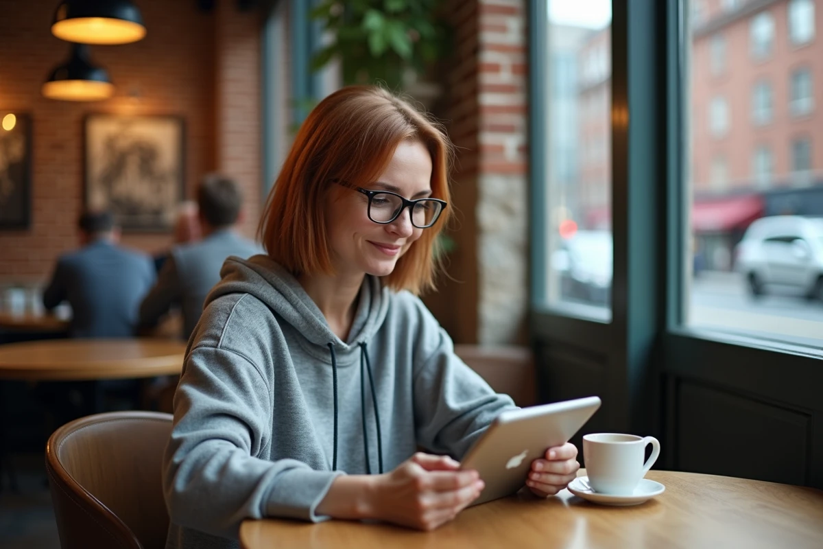 Femme adulte révisant le code de route moto sur une tablette dans un café pour reprise de permis
